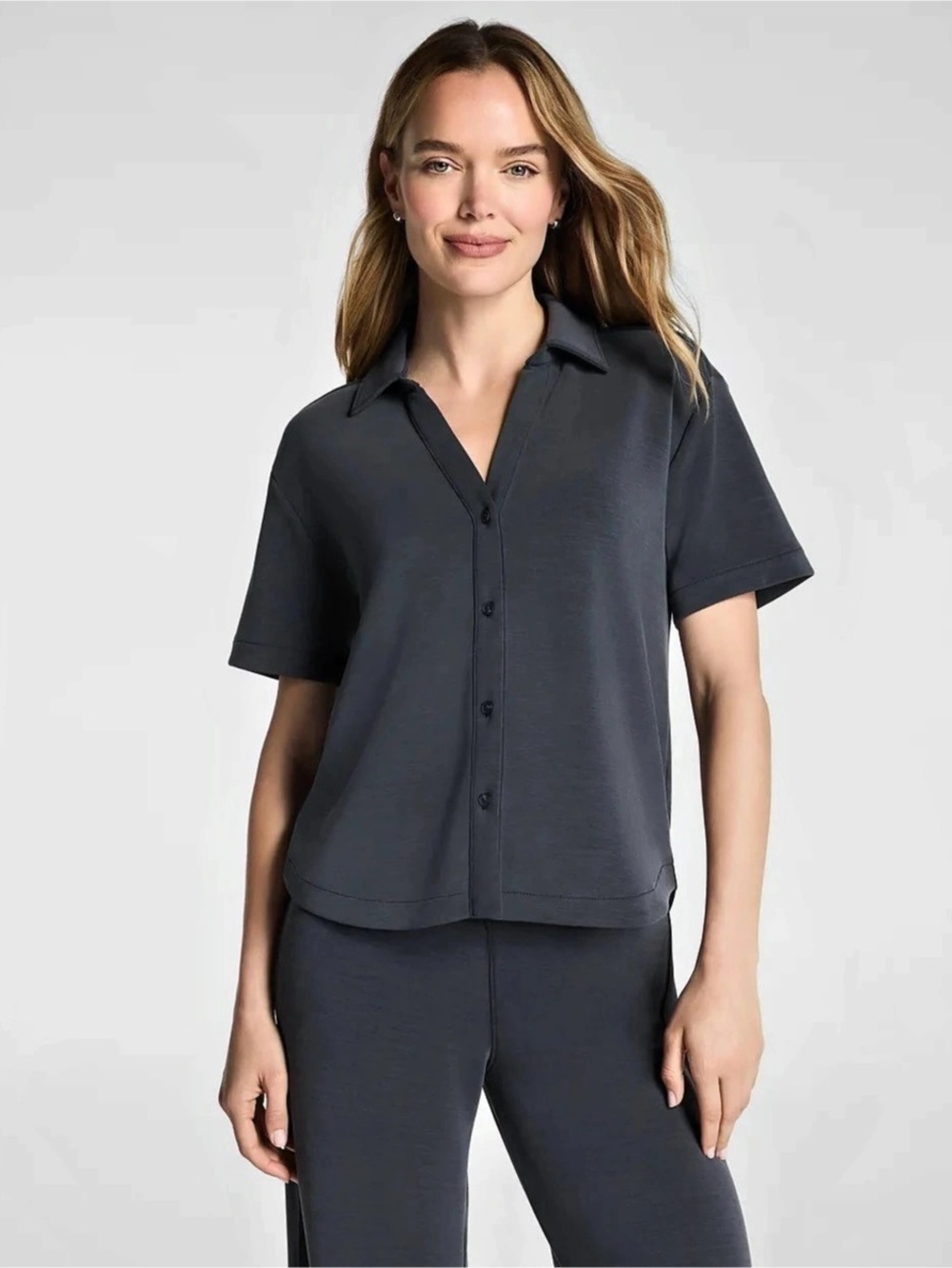 Spanx Air Essentials Sandwashed Short Sleeve Button Down Shirt in Graphite